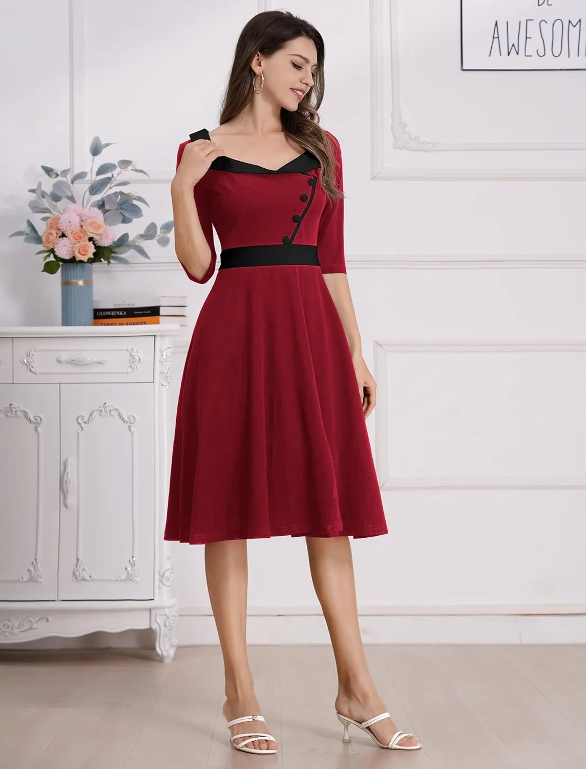 ODIZLI 1950s Dresses for Women Retro Dress 3/4 Sleeve Sweetheart Neckline Swing Midi Dress Cocktail Dress