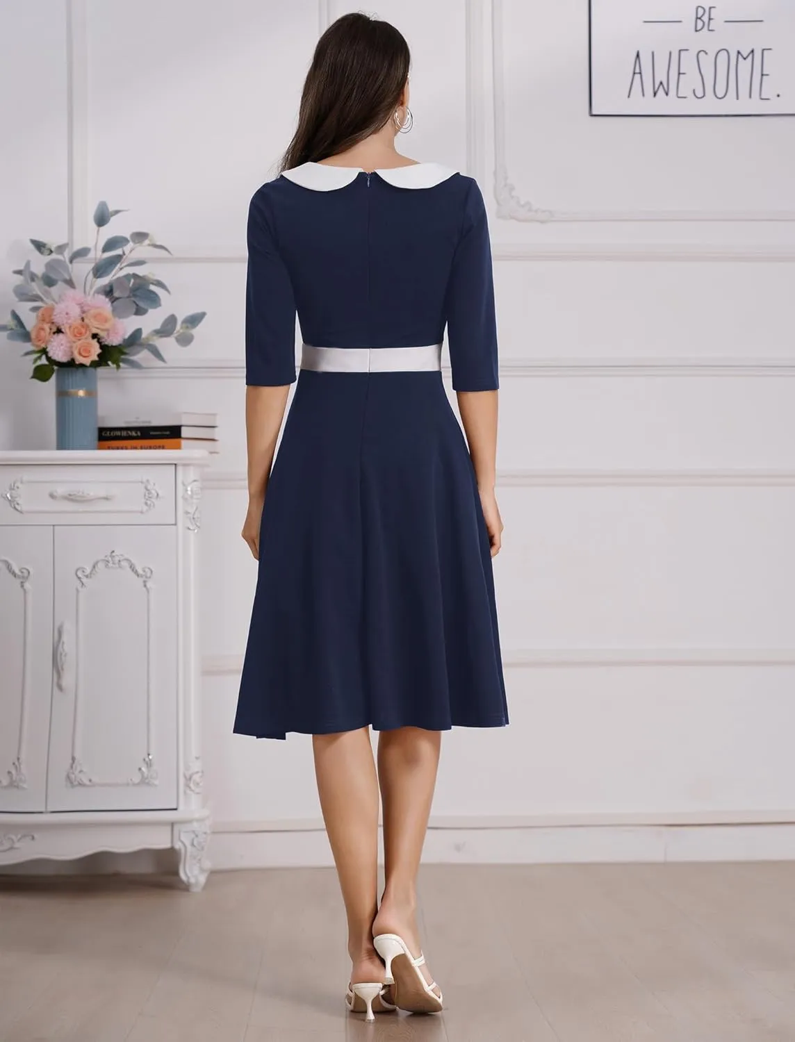ODIZLI 1950s Dresses for Women Retro Dress 3/4 Sleeve Sweetheart Neckline Swing Midi Dress Cocktail Dress