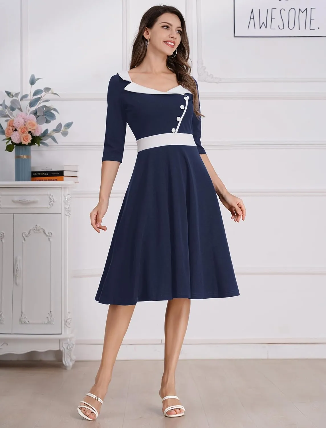 ODIZLI 1950s Dresses for Women Retro Dress 3/4 Sleeve Sweetheart Neckline Swing Midi Dress Cocktail Dress