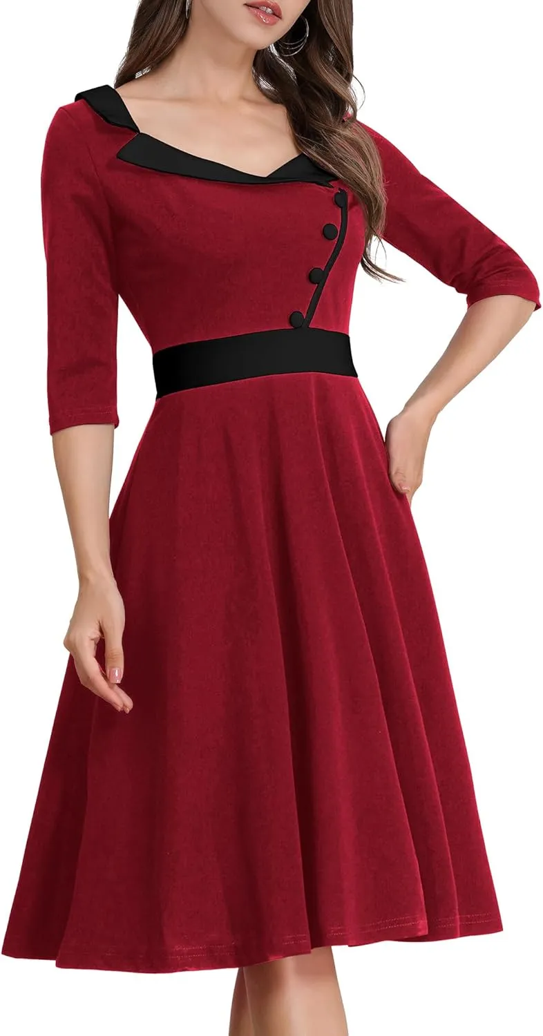 ODIZLI 1950s Dresses for Women Retro Dress 3/4 Sleeve Sweetheart Neckline Swing Midi Dress Cocktail Dress
