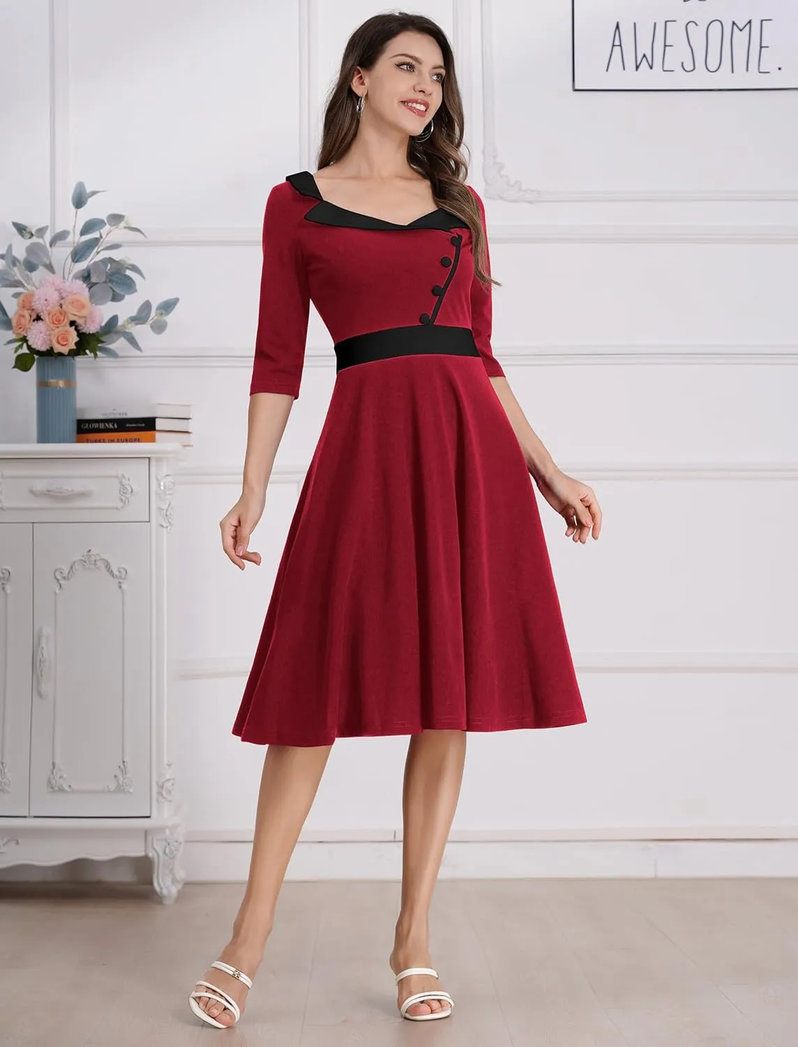 ODIZLI 1950s Dresses for Women Retro Dress 3/4 Sleeve Sweetheart Neckline Swing Midi Dress Cocktail Dress