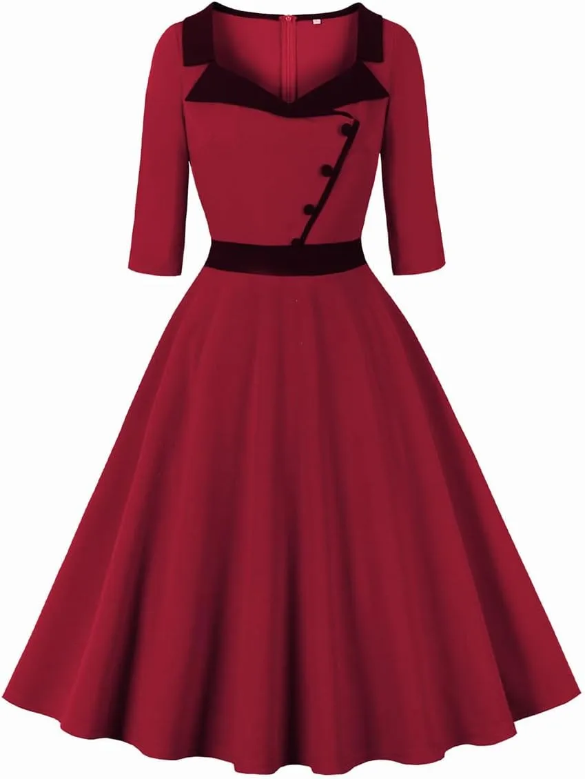 ODIZLI 1950s Dresses for Women Retro Dress 3/4 Sleeve Sweetheart Neckline Swing Midi Dress Cocktail Dress