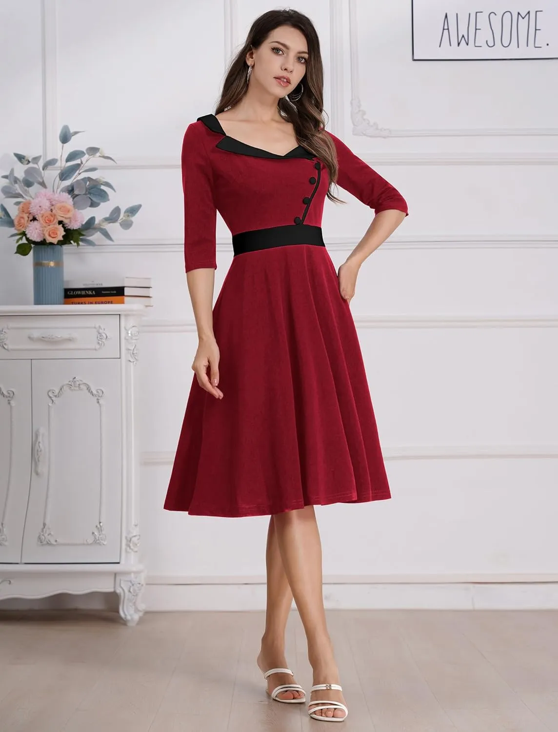ODIZLI 1950s Dresses for Women Retro Dress 3/4 Sleeve Sweetheart Neckline Swing Midi Dress Cocktail Dress