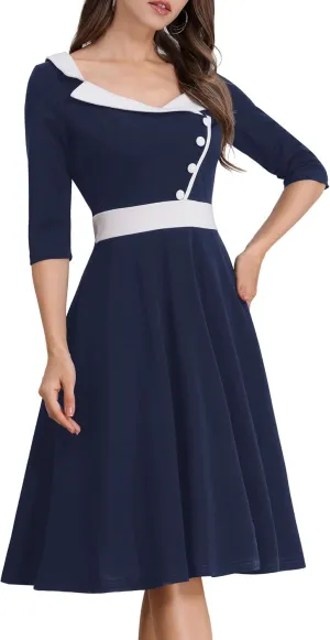 ODIZLI 1950s Dresses for Women Retro Dress 3/4 Sleeve Sweetheart Neckline Swing Midi Dress Cocktail Dress