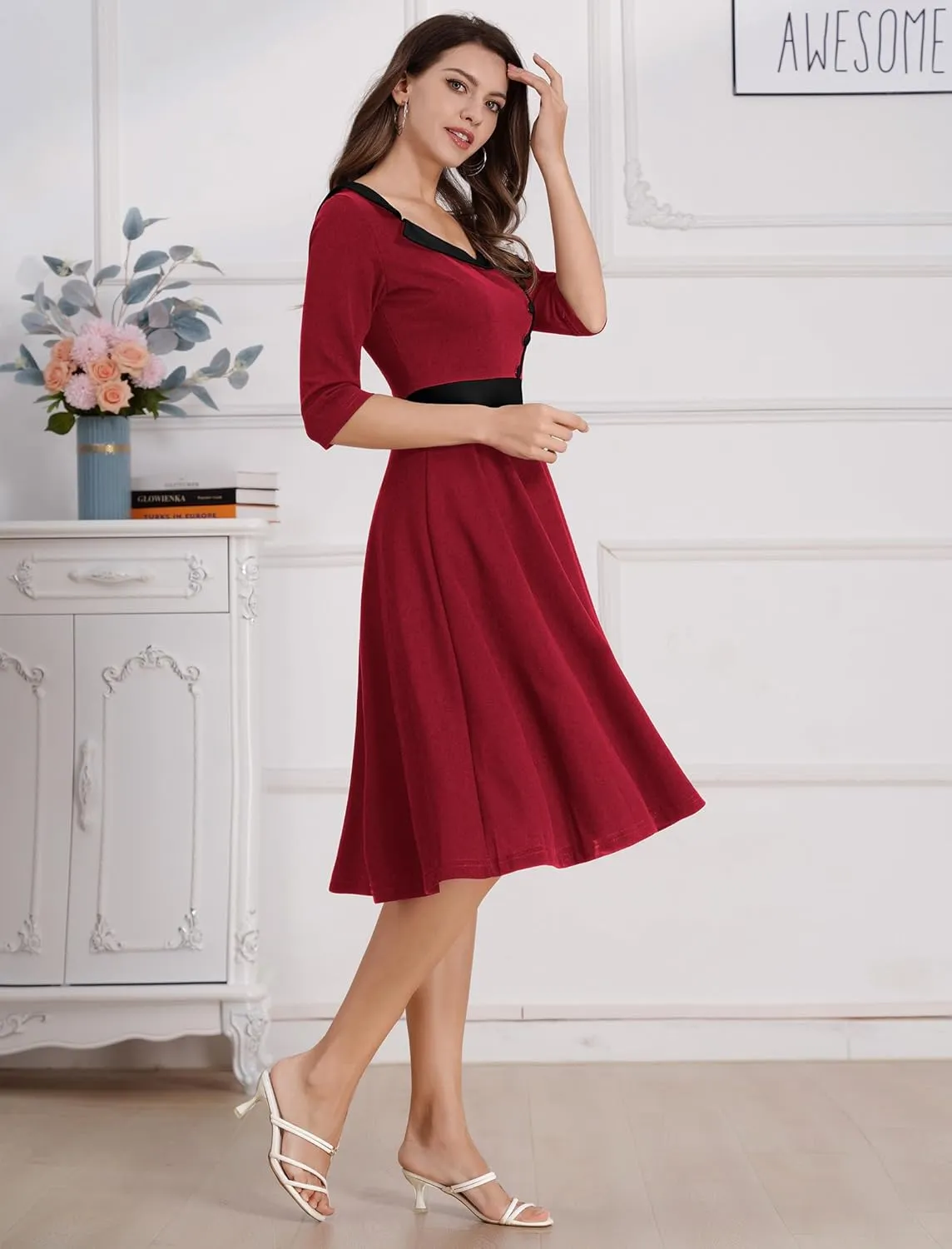ODIZLI 1950s Dresses for Women Retro Dress 3/4 Sleeve Sweetheart Neckline Swing Midi Dress Cocktail Dress