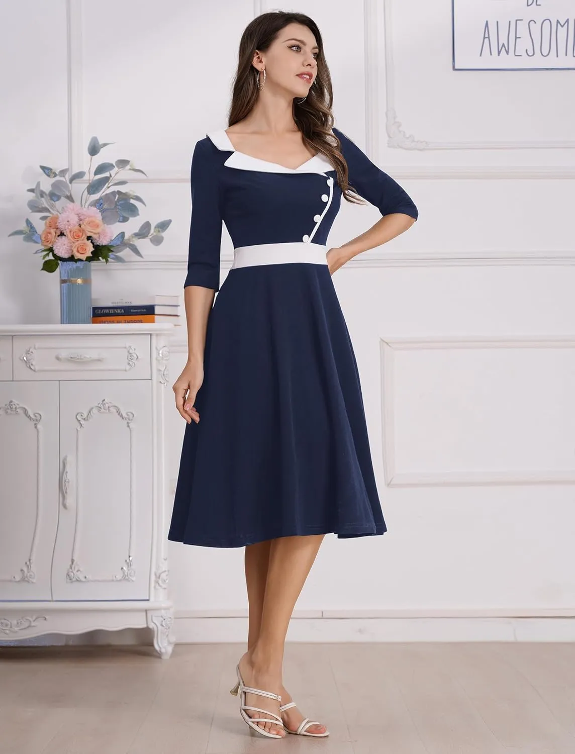 ODIZLI 1950s Dresses for Women Retro Dress 3/4 Sleeve Sweetheart Neckline Swing Midi Dress Cocktail Dress