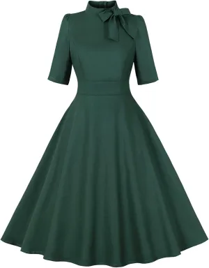 ODIZLI 1950's Dresses for Women Rockabilly Dresses Retro Dress Short Sleeve Tie Neck Swing Dress Cocktail Dress