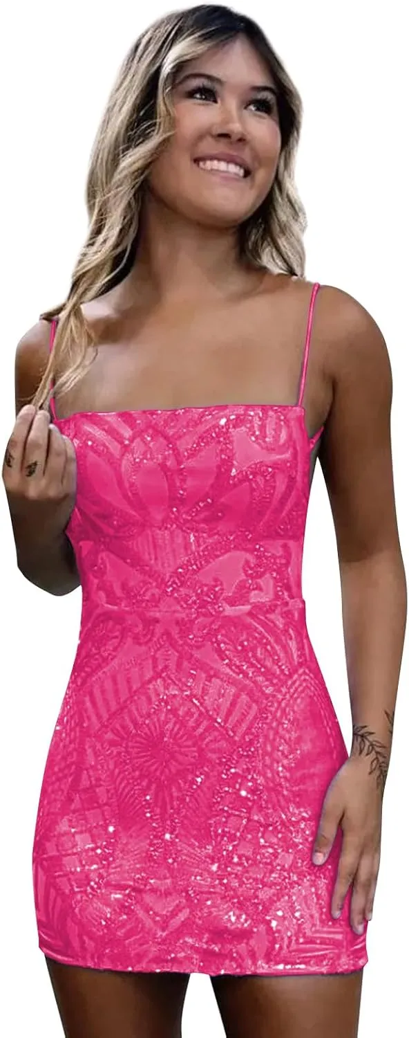 OFEECHUN Women's Sparkly Sequin Homecoming Dress Short Tight Open Back Cocktail Prom Party Gowns