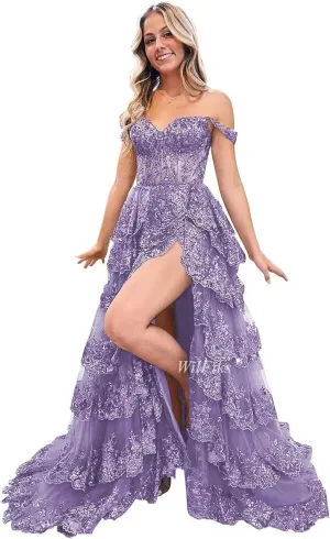 Off Shoulder Tiered Lace Prom Dresses 2025 Long Ball Gowns for Women Formal Sparkly Sequin Corset Evening Gown with Slit