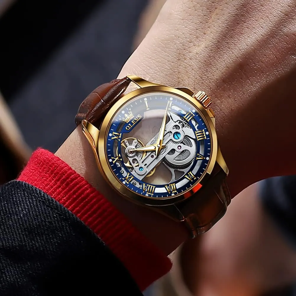 OLEVS Skeleton Watches for Men Automatic Self Winding Mechanical Luxury Dress Leather Waterproof Luminous Men Wrist Watch