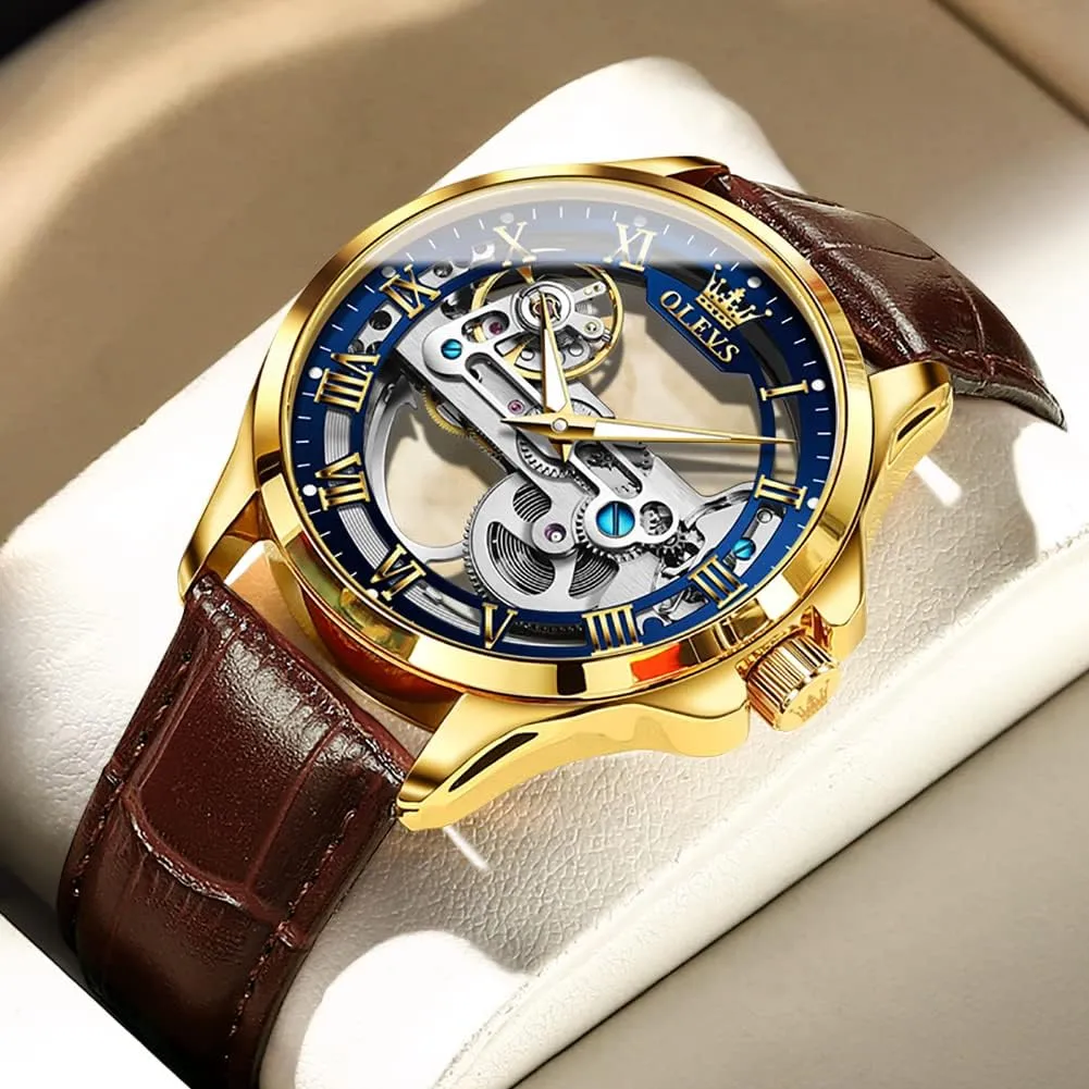 OLEVS Skeleton Watches for Men Automatic Self Winding Mechanical Luxury Dress Leather Waterproof Luminous Men Wrist Watch