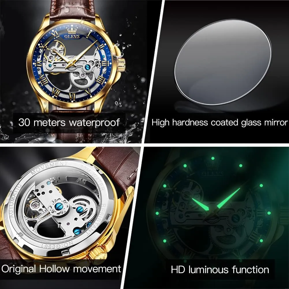 OLEVS Skeleton Watches for Men Automatic Self Winding Mechanical Luxury Dress Leather Waterproof Luminous Men Wrist Watch