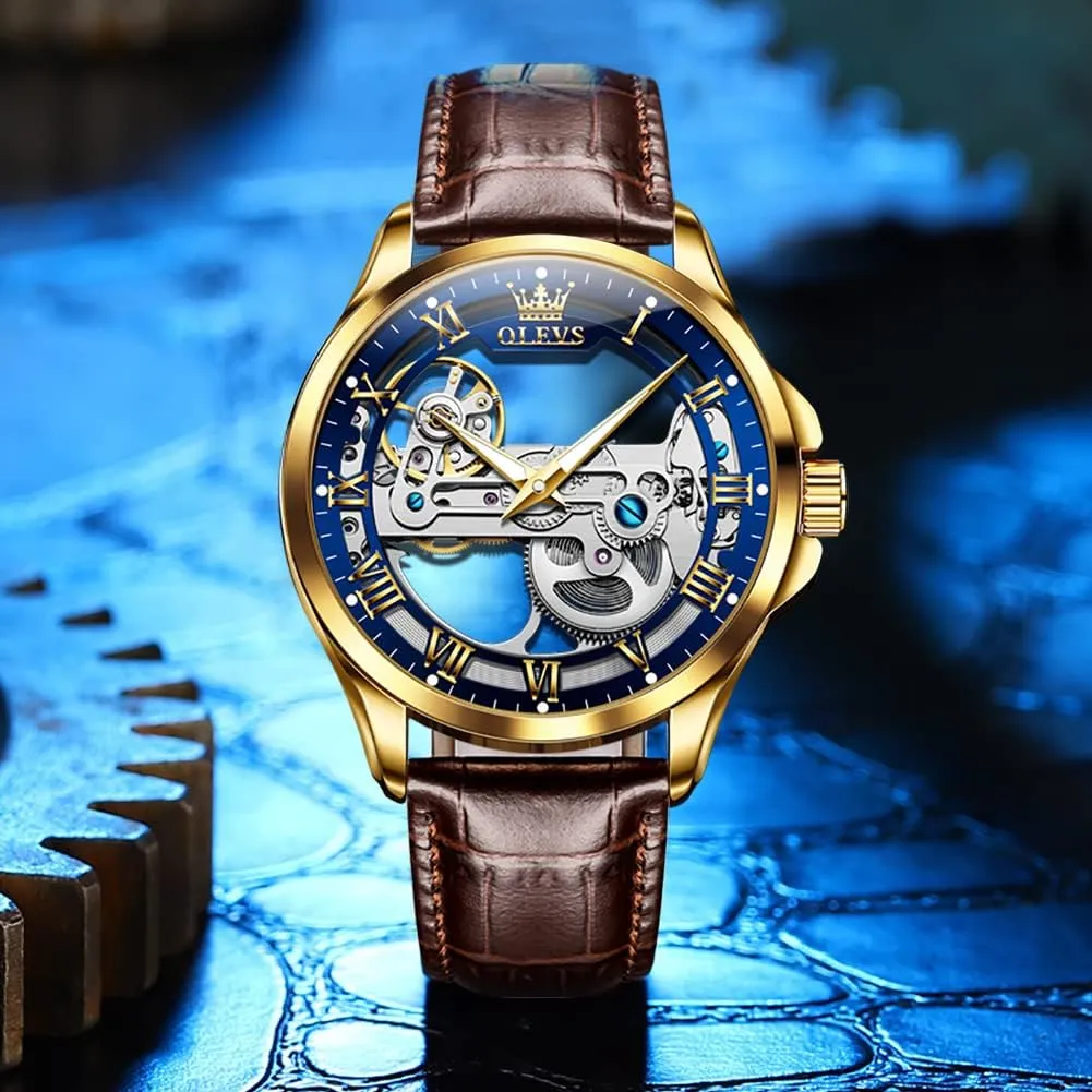 OLEVS Skeleton Watches for Men Automatic Self Winding Mechanical Luxury Dress Leather Waterproof Luminous Men Wrist Watch