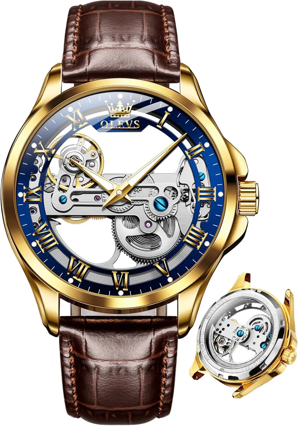 OLEVS Skeleton Watches for Men Automatic Self Winding Mechanical Luxury Dress Leather Waterproof Luminous Men Wrist Watch