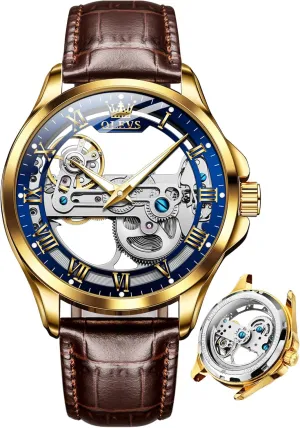 OLEVS Skeleton Watches for Men Automatic Self Winding Mechanical Luxury Dress Leather Waterproof Luminous Men Wrist Watch