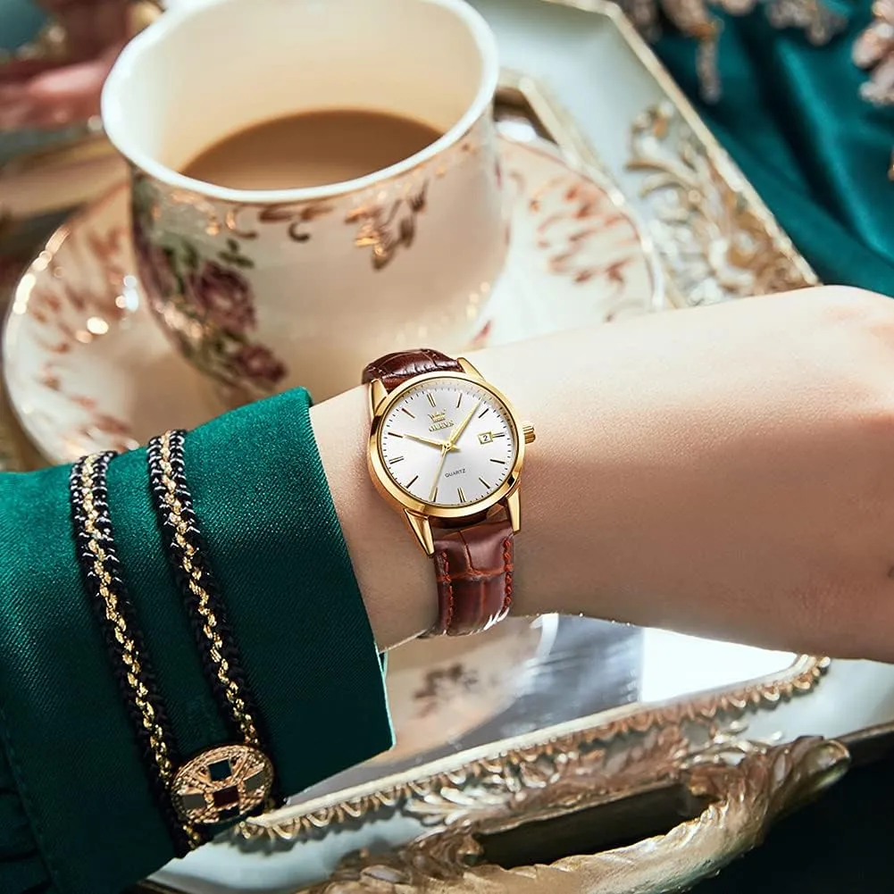 OLEVS Women Leather Watch - Analog Ladies Quartz Watches Luxury Dress Watch for Small Wrists Waterproof with Date Day Function - Reloj para Mujer