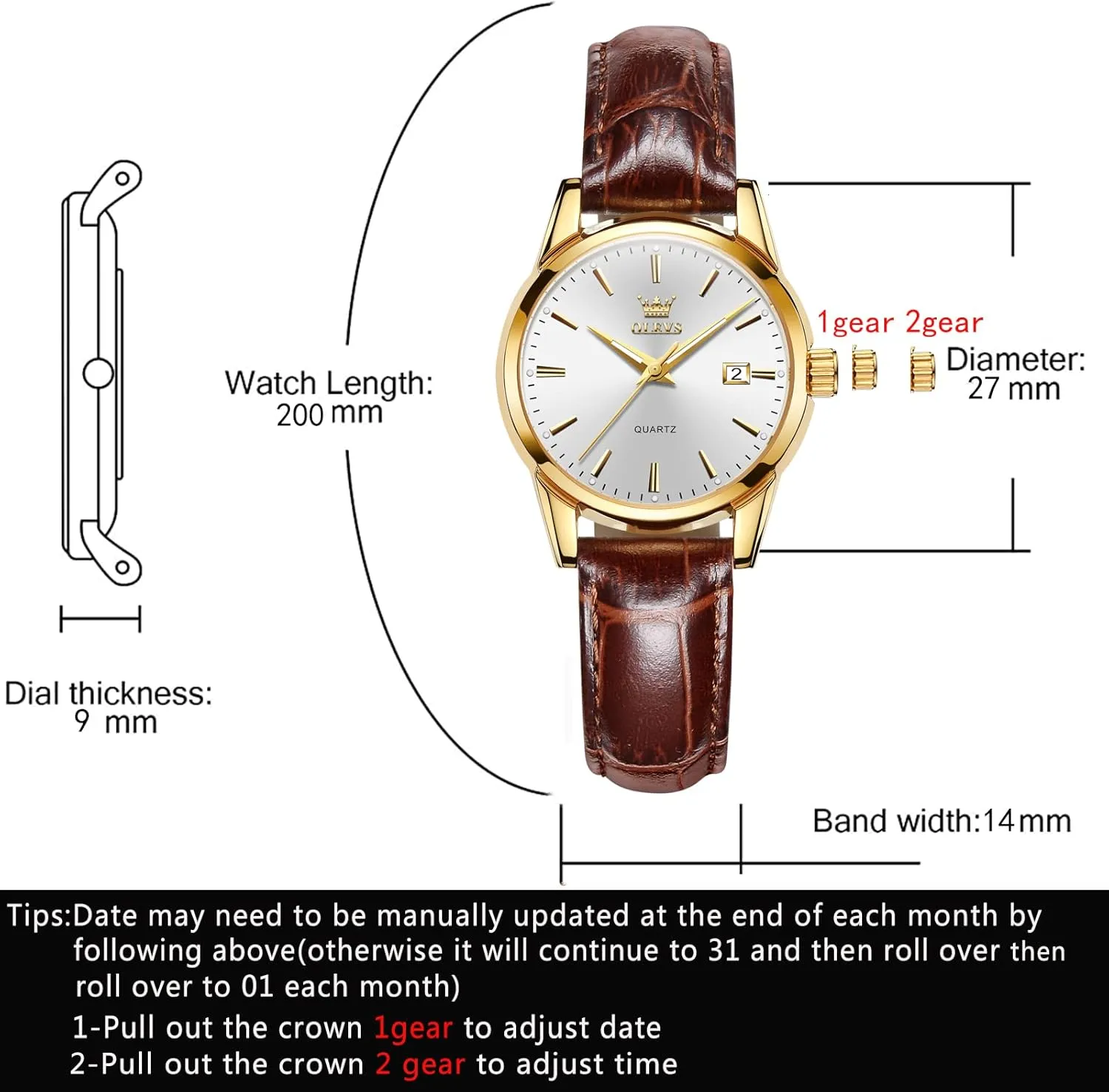 OLEVS Women Leather Watch - Analog Ladies Quartz Watches Luxury Dress Watch for Small Wrists Waterproof with Date Day Function - Reloj para Mujer