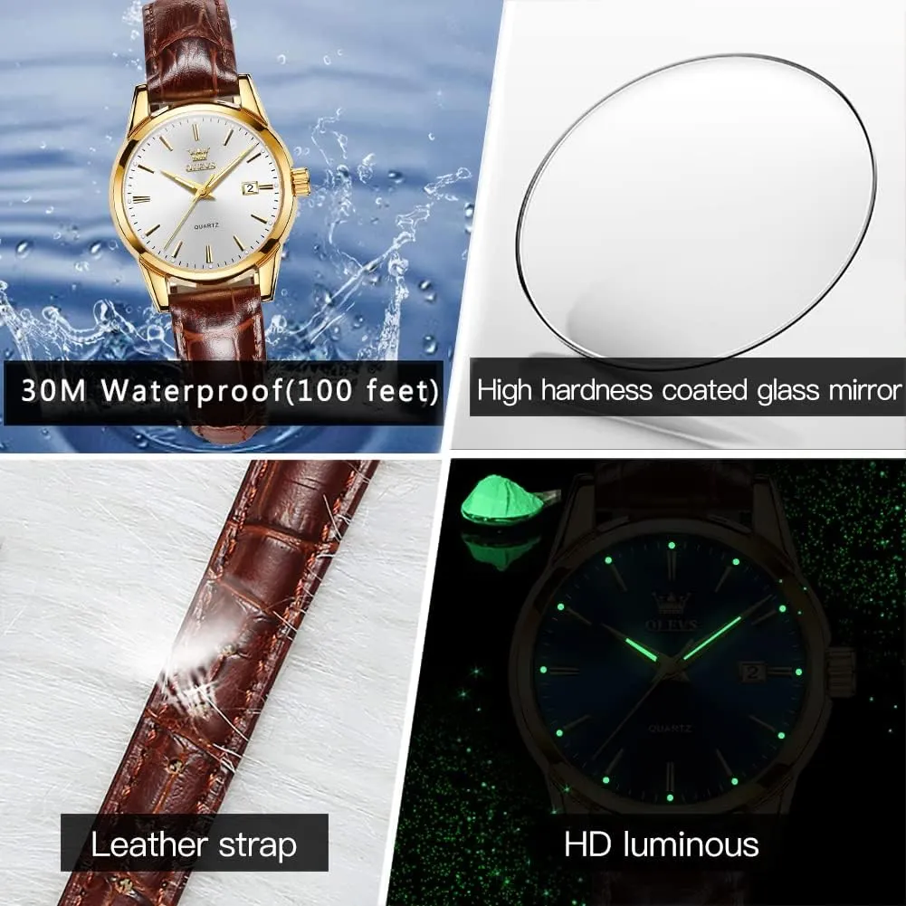 OLEVS Women Leather Watch - Analog Ladies Quartz Watches Luxury Dress Watch for Small Wrists Waterproof with Date Day Function - Reloj para Mujer