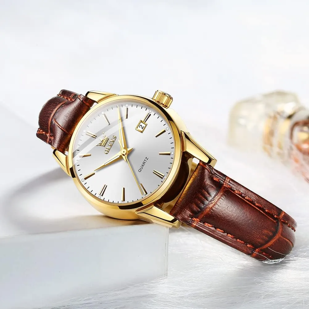 OLEVS Women Leather Watch - Analog Ladies Quartz Watches Luxury Dress Watch for Small Wrists Waterproof with Date Day Function - Reloj para Mujer