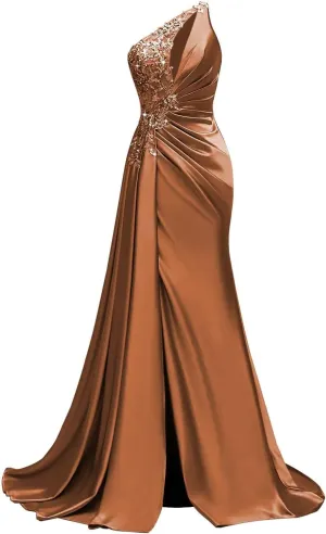 One Shoulder Satin Prom Dresses Beaded Formal Dress Mermaid Evening Party Dresses Long for Women with Slit