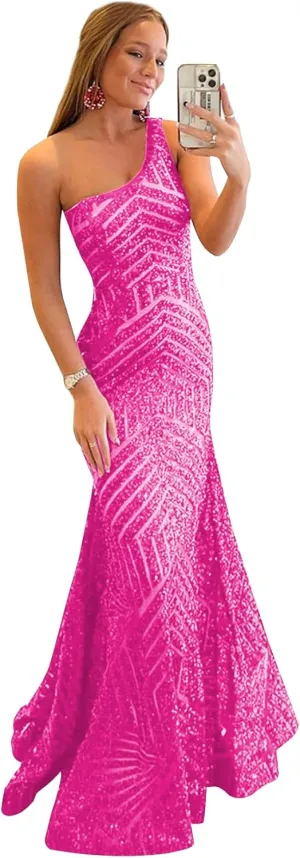 One Shoulder Sequin Mermaid Prom Dresses for Women Long Sparkly Formal Evening Gowns