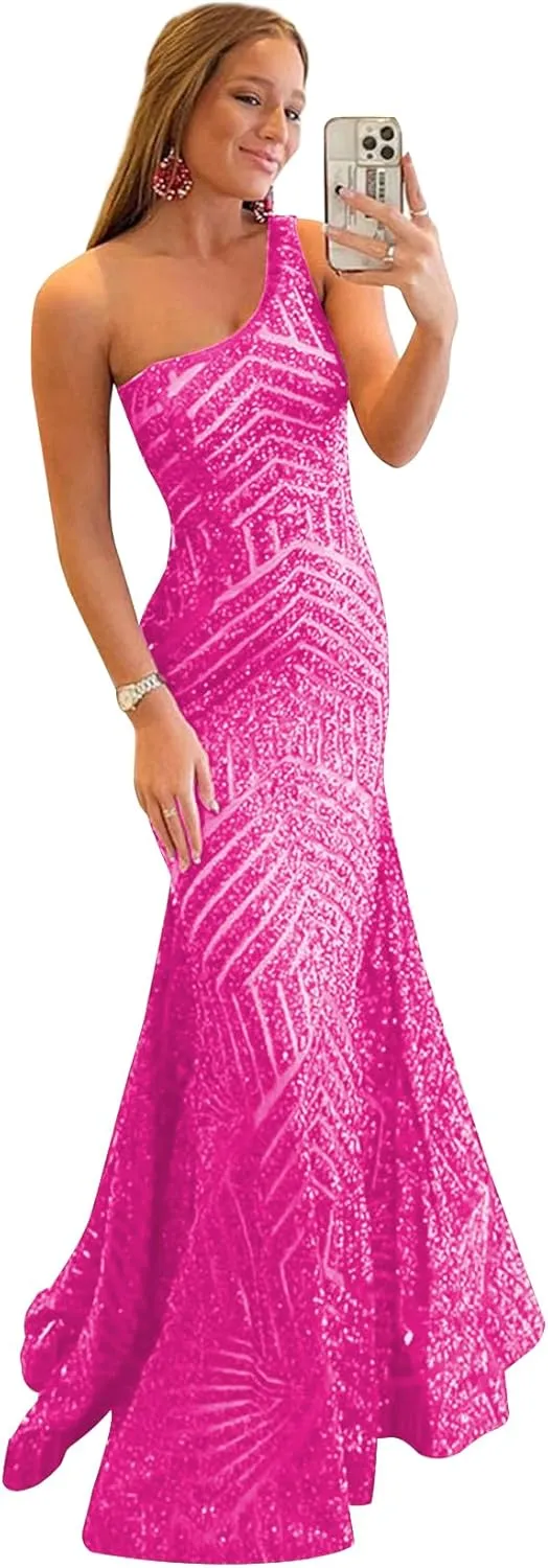 One Shoulder Sequin Mermaid Prom Dresses for Women Long Sparkly Formal Evening Gowns