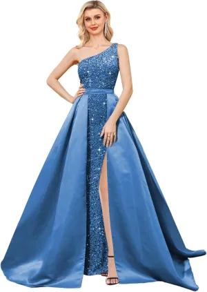 One Shoulder Sequin Prom Dress 2025 with Detachable Satin Ball Gown Sparkly Formal Evening Gowns for Women with Cape
