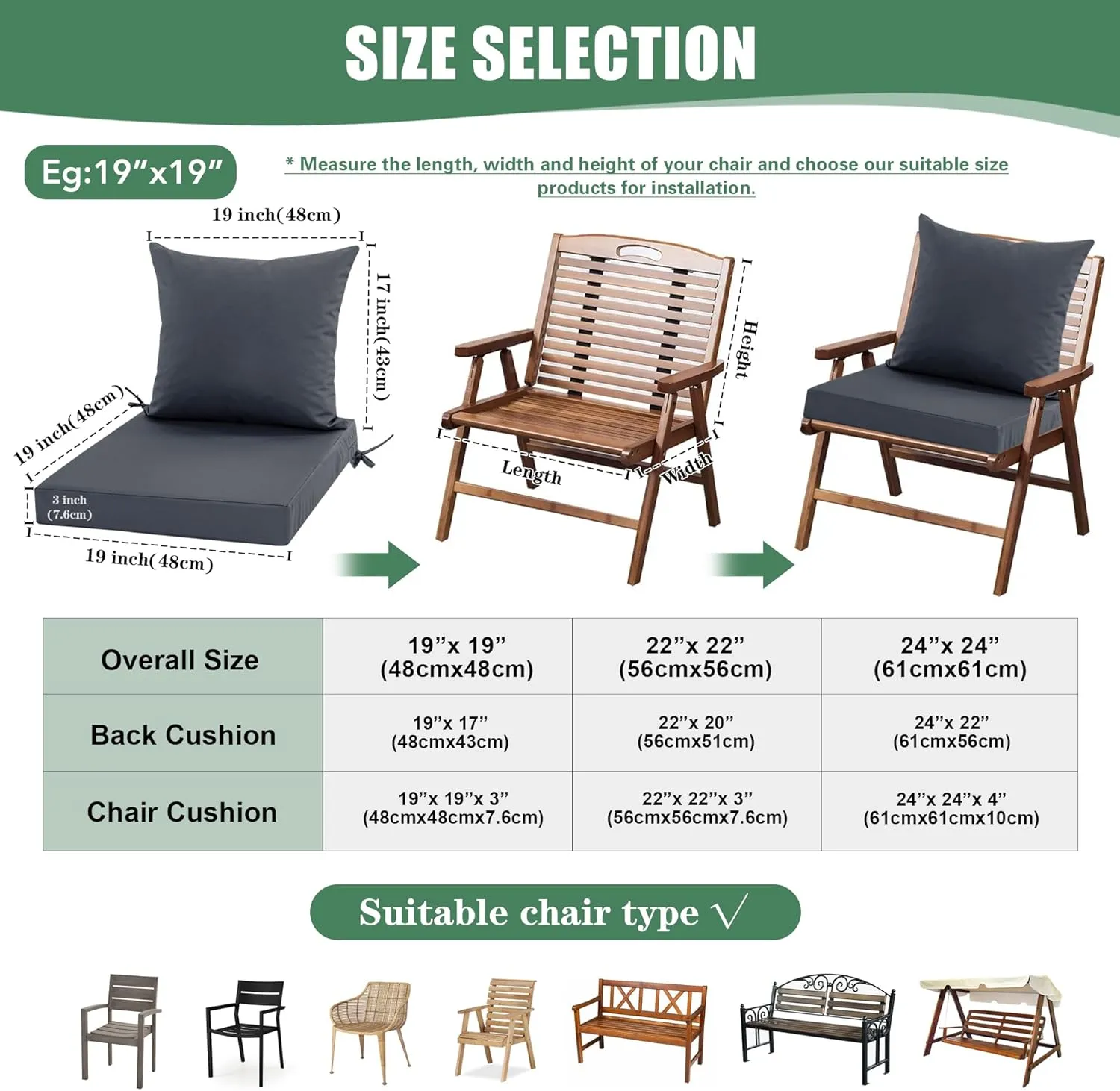 Outdoor Chair Cushion 19 x 19 Inch, Backrest and Seat Cushion Set for Patio Furniture with Water Resistant Removable Cover, Dark Grey, 1 Set