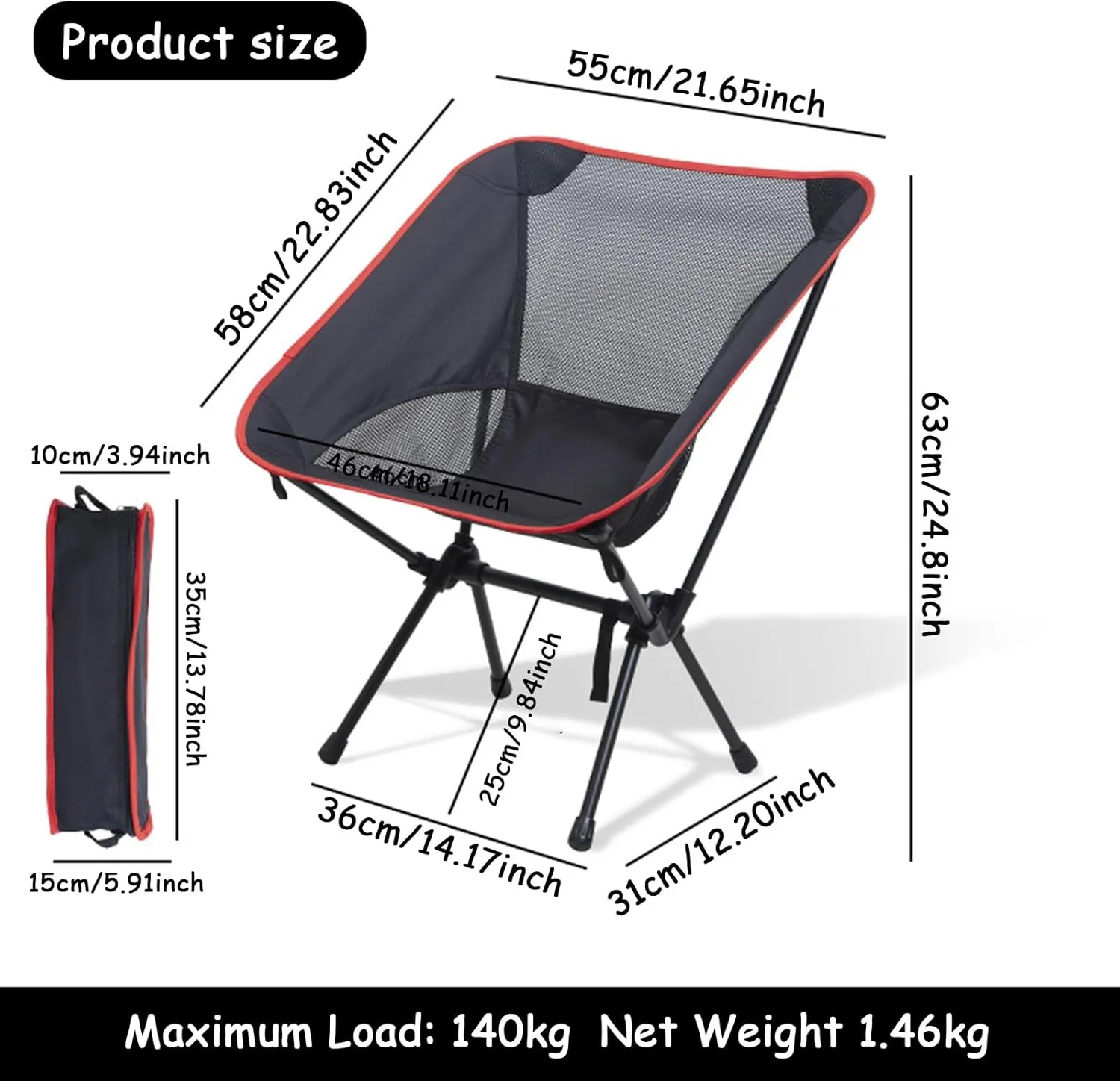Outdoor Folding Chairs, Portable Camping Chair with Storage Bag, Support up to 300Lbs, Ultralight Compact Foldable Backpacking Chair for Beach Hiking Picnic Fishing Camp Travel,Red
