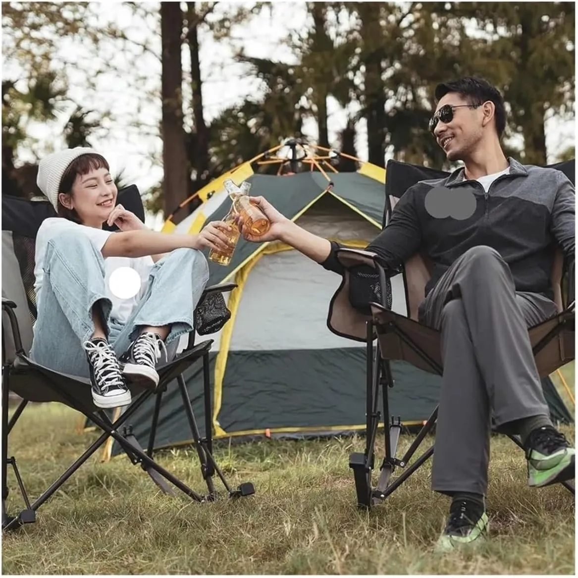 Outdoor freestyle joystick camping chair Camping Rocking Chair, Folding Lawn Chairs with Cup Holder, Storage Pocket, Mesh Back Recliner Beach/Outdoor/Travel/ Outdoor folding chair(Green Grey)