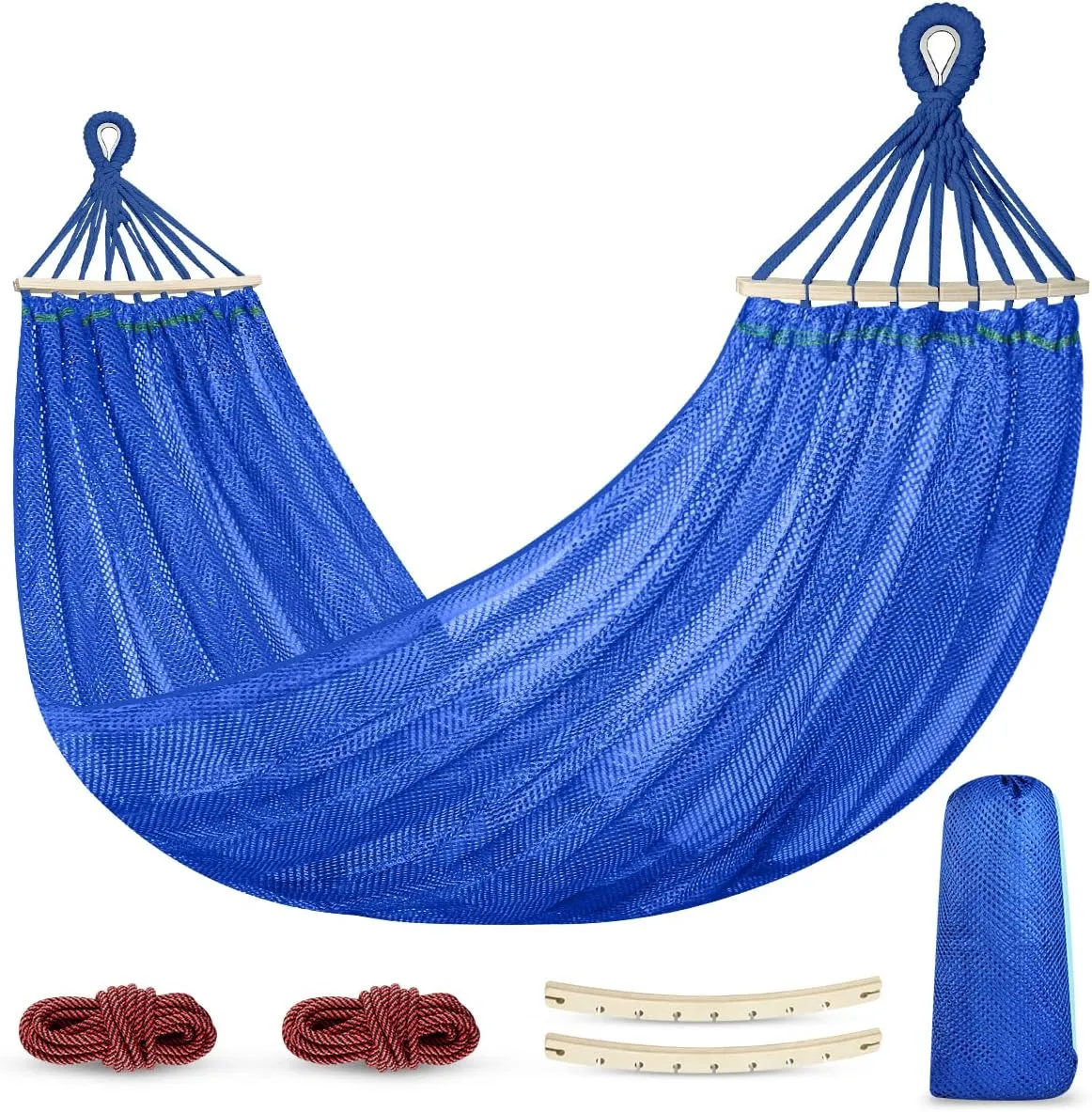Outdoor Hammock, Super Soft and Breathable Mesh Hammock Made of Cool Nylon with Wooden Bars for Indoor, Balcony, Terrace, Garden, Camping, Backpacking