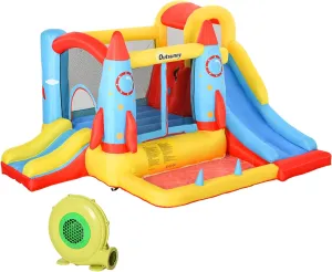 Outsunny Kids Inflatable Water Slide, 4-in-1 Bounce House Jumping Castle with 2 Slides, Climbing Wall, Trampoline, & Water Pool Area, Air Blower