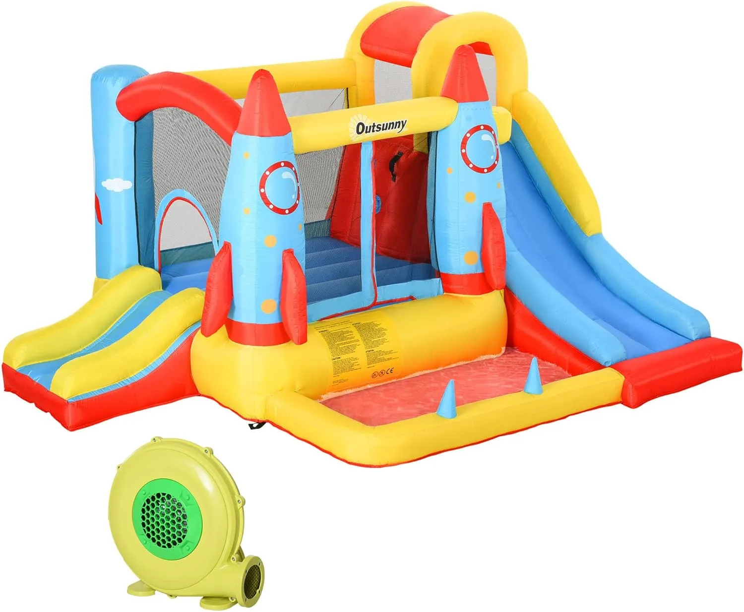 Outsunny Kids Inflatable Water Slide, 4-in-1 Bounce House Jumping Castle with 2 Slides, Climbing Wall, Trampoline, & Water Pool Area, Air Blower