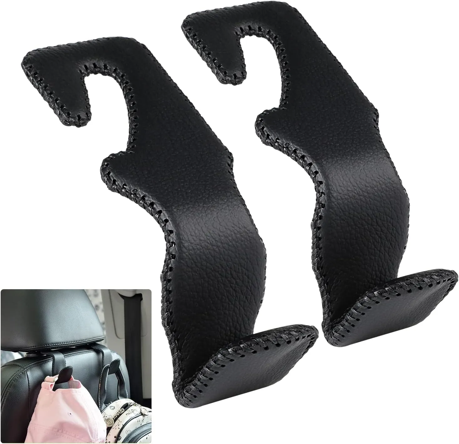 Ouzorp 2 Pack Car Seat Headrest Hook, Leather Car Hook Hanger Storage Organizer for Purse Coats Umbrellas Grocery Bags Handbag, Car Interior Accessories