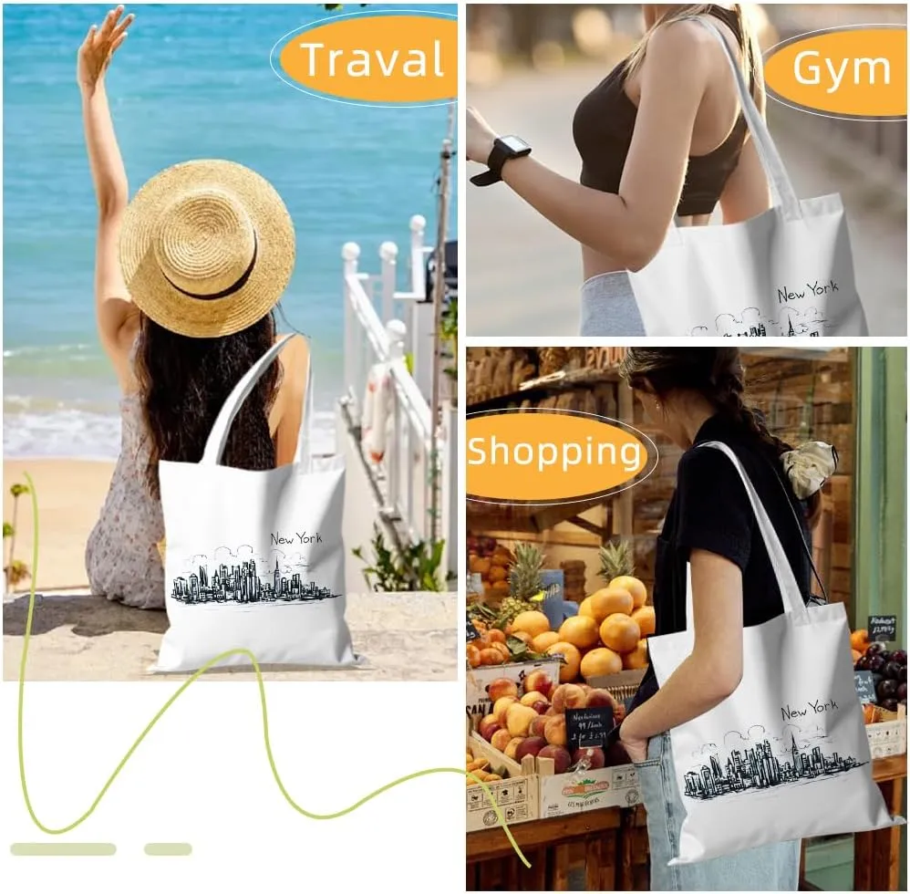 Oyachic New York Canvas Tote Bag Aesthetic City Shoulder Bag for Women Reusable Shopping Tote Bag with Inner Pocket & Zipper Grocery Bag for Beach Gym Travel
