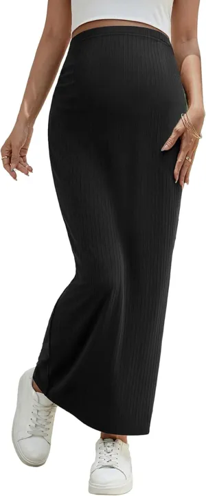 OYOANGLE Women's Maternity High Waist Long Maxi Skirt Casual Solid Adjustable Skirts