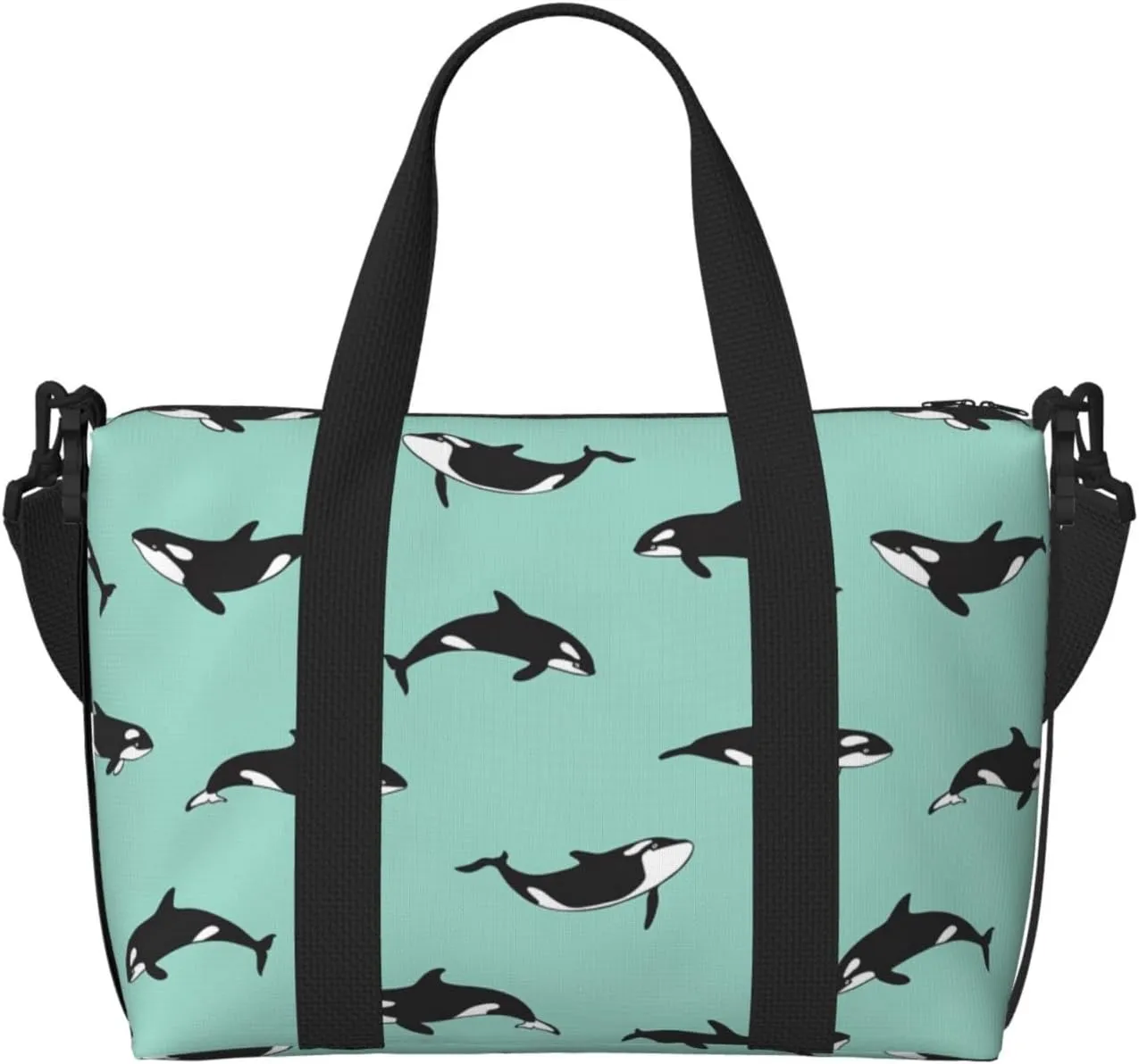Pacific Ocean Whale Print Tote Crossbody Travel Bag with Zip Casual Handbag for Weekend Trips and Gym Shopping, Black, One Size, Travel Tote