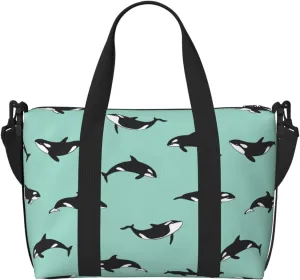 Pacific Ocean Whale Print Tote Crossbody Travel Bag with Zip Casual Handbag for Weekend Trips and Gym Shopping, Black, One Size, Travel Tote