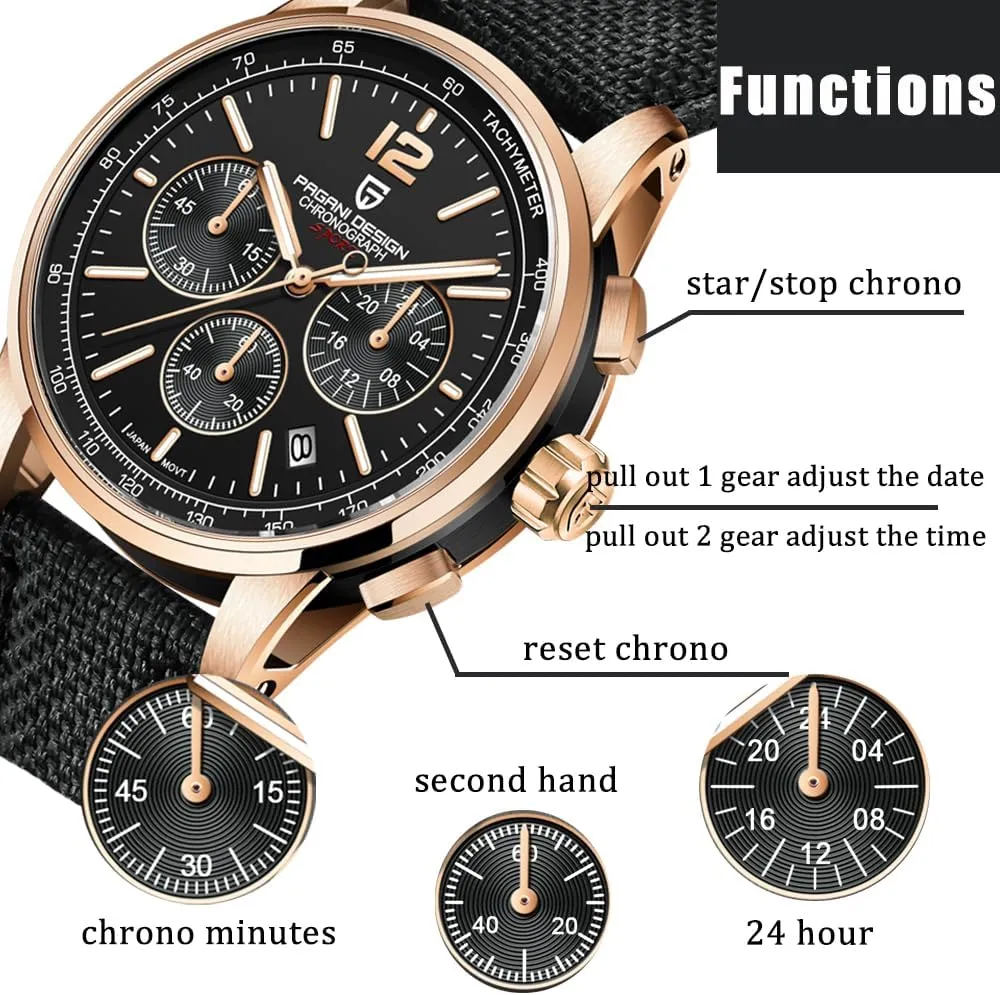 Pagani Design Men's Watch, Quartz Chronograph, 100M Water Resistant Stainless Steel Case, 40mm Dial Diameter, Sapphire Glass, Nylon Strap, Sporty Casual