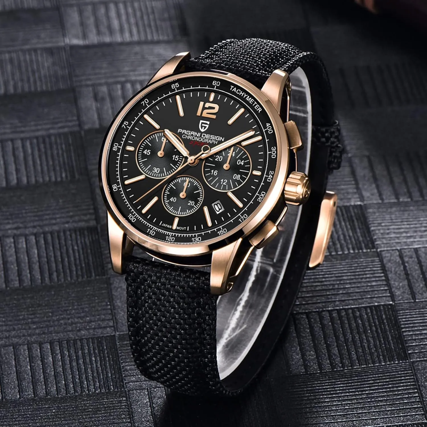 Pagani Design Men's Watch, Quartz Chronograph, 100M Water Resistant Stainless Steel Case, 40mm Dial Diameter, Sapphire Glass, Nylon Strap, Sporty Casual