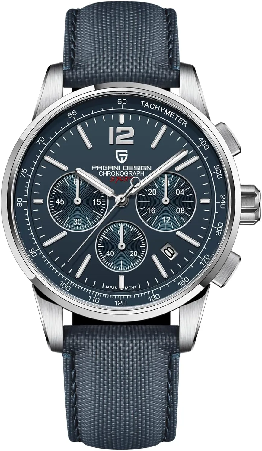 Pagani Design Men's Watch, Quartz Chronograph, 100M Water Resistant Stainless Steel Case, 40mm Dial Diameter, Sapphire Glass, Nylon Strap, Sporty Casual