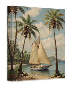 Palm Breeze Bay 18x24 Stretched Canvas – Vintage Travel Poster with Nautical Art Style, Serene Tropical Scene, Sailing Adventure Art, Coastal Living Room & Beach House Wall Art, Seaside Home Décor