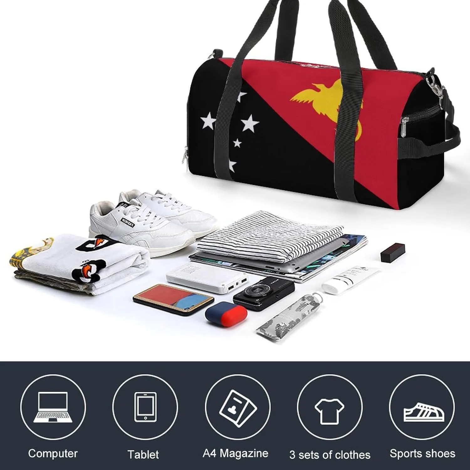 Papua New Guinea Flag Gym Duffel Bag for Boys Girls Lightweight with Shoe Compartment
