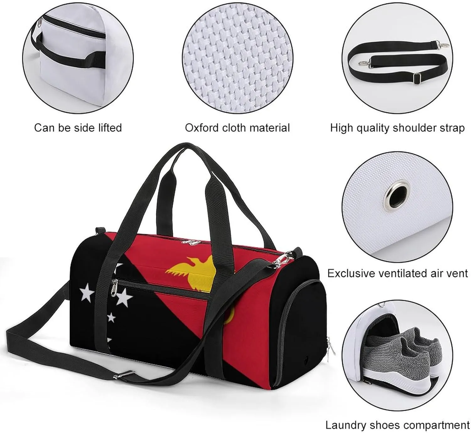 Papua New Guinea Flag Gym Duffel Bag for Boys Girls Lightweight with Shoe Compartment