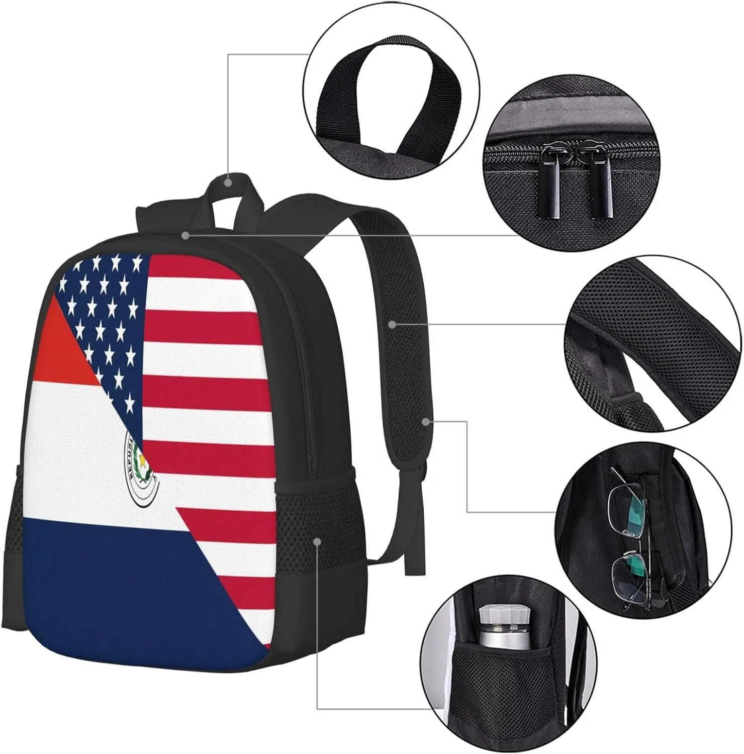 Paraguay American Flag Half Paraguayan Casual Backpacks Large Capacity Backpack Laptop Rucksack Sport Daypack Commuter Bags with Adjustable Strap for Traveling Camping