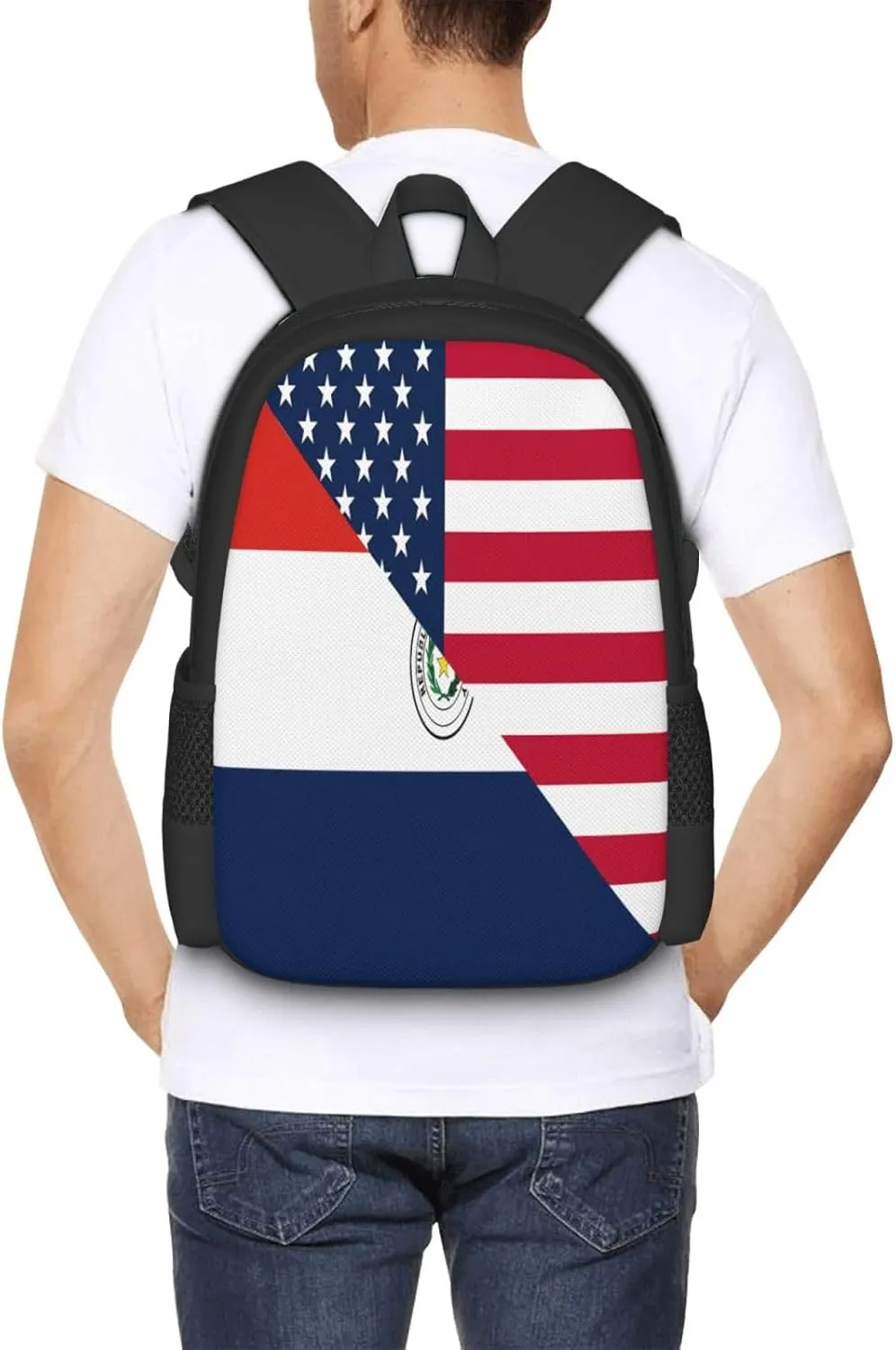 Paraguay American Flag Half Paraguayan Casual Backpacks Large Capacity Backpack Laptop Rucksack Sport Daypack Commuter Bags with Adjustable Strap for Traveling Camping