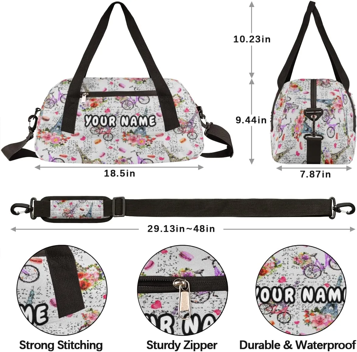 Paris Eiffel Tower Flower Personalized Kids Duffel Bag for Girls, Tower Debris Custom Name Dance Bag Overnight Small Duffel Bag Carry On Weekend Travel Bag for School Practice Gymnastics Ballet