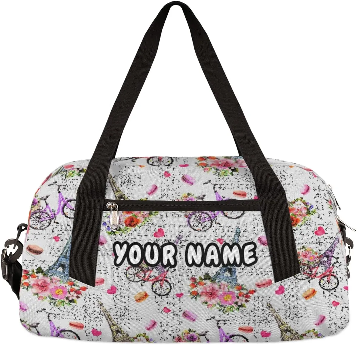Paris Eiffel Tower Flower Personalized Kids Duffel Bag for Girls, Tower Debris Custom Name Dance Bag Overnight Small Duffel Bag Carry On Weekend Travel Bag for School Practice Gymnastics Ballet