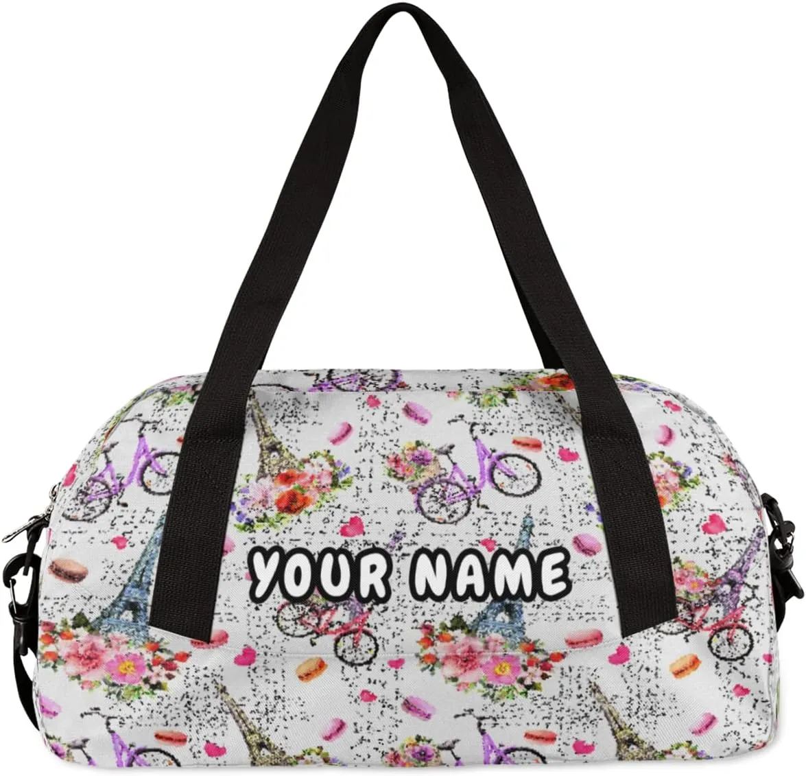 Paris Eiffel Tower Flower Personalized Kids Duffel Bag for Girls, Tower Debris Custom Name Dance Bag Overnight Small Duffel Bag Carry On Weekend Travel Bag for School Practice Gymnastics Ballet