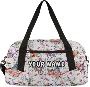 Paris Eiffel Tower Flower Personalized Kids Duffel Bag for Girls, Tower Debris Custom Name Dance Bag Overnight Small Duffel Bag Carry On Weekend Travel Bag for School Practice Gymnastics Ballet